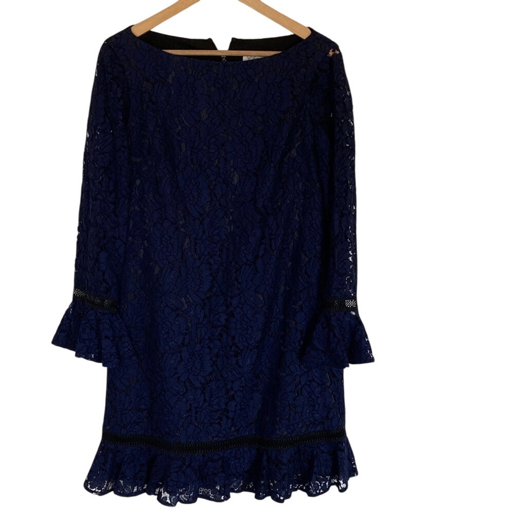 Eliza J Womens Elegant Navy Lace Dress‎ Size 8 Long Sleeve Ruffle Hem Classic